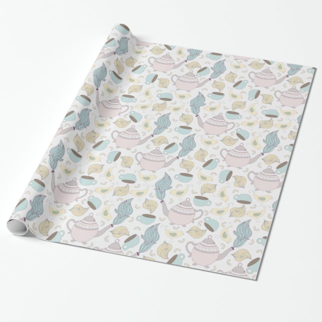 Papier Cadeau Teapots bleu rose Tasses Oiseaux sur blanc (Déroulé)