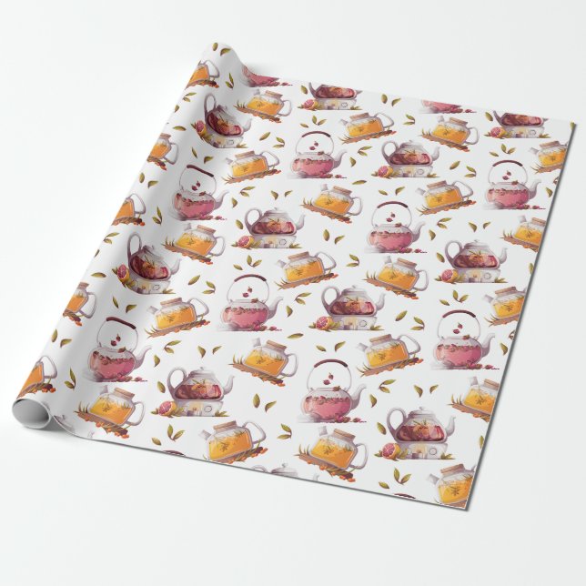 Papier Cadeau Teapots et Feuilles de thé Aquarelle (Déroulé)