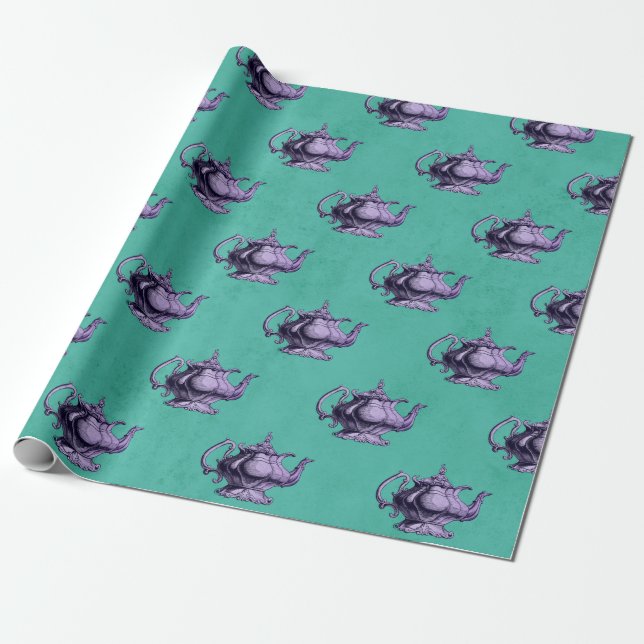 Papier Cadeau Teapots violets sur le Turquoise (Déroulé)