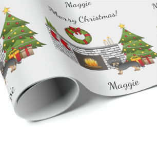 Papier Cadeau Teckel à poil dur noir et feu - Salle de Noël