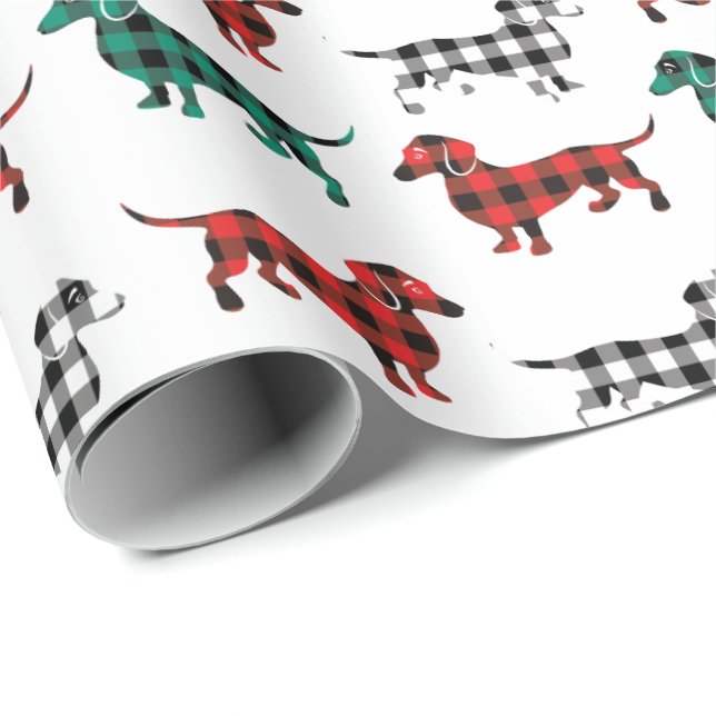 Papier Cadeau Teckels rouges et verts de flanelle de Noël (Coin rond)
