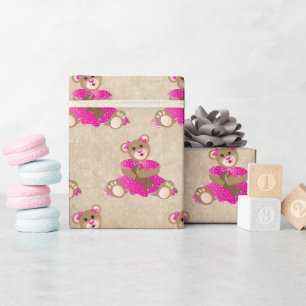 Papier Cadeau Teddy Bear Girl tenant bébé Ours Robe rose