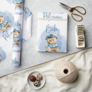 Papier Cadeau Teddy Bear Policeman Boy Baby shower bleu