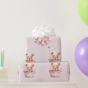 Papier Cadeau Teddy Bear Rose Watercolor Girls Anniversaire
