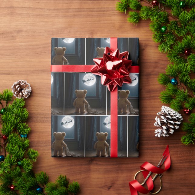 Papier Cadeau Teddy Bear Watching Santa Claus and Reindeer (Cadeau de vacances)