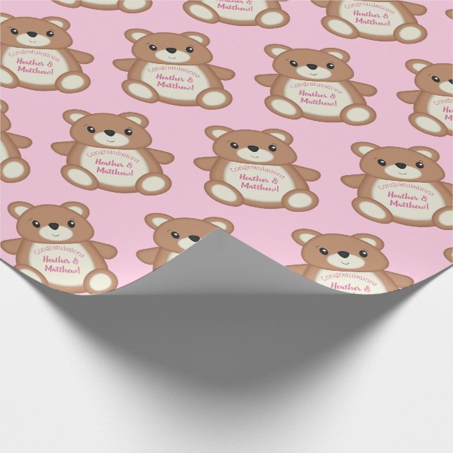Papier Cadeau Teddy Ours Baby shower Rose fille (Coin)