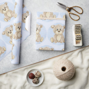 Papier Cadeau Teddy Ours Bleu Motif Aquarelle Bébé Garçon Douche