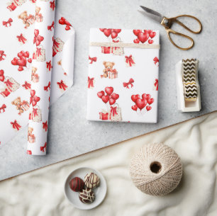 Papier Cadeau Teddy Saint Valentin mignonne avec Ballons en form