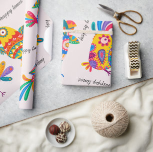 Papier Cadeau Temps heureux mignon art populaire coloré rose jau