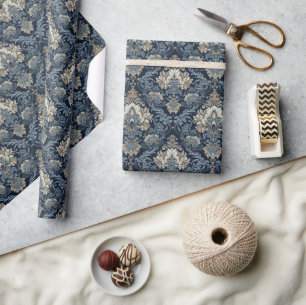 Papier Cadeau Tendance bleu marine et beige ornemental damask