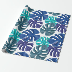 Papier Cadeau Tendance Tropical Bleu Royal & Monstera Feuilles d