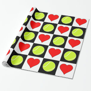 Papier Cadeau Tennis Balls and Hearts Black & White À damiers