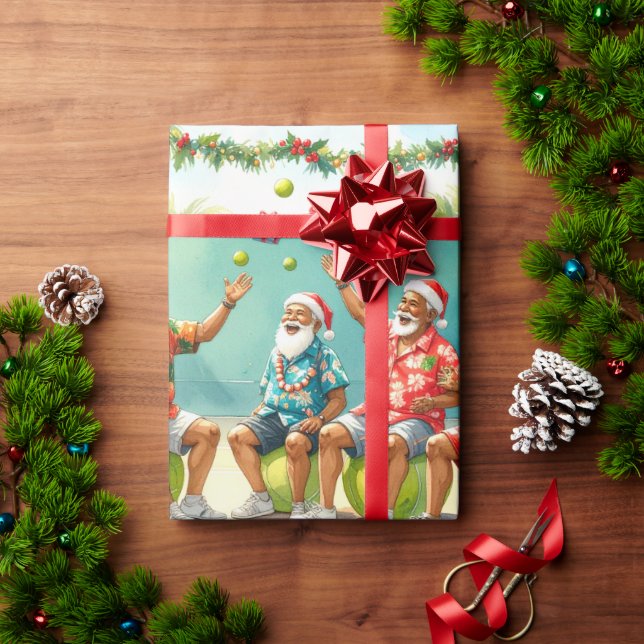 Papier Cadeau Tennis Christmas Summer with Santa Claus at beach  (Cadeau de vacances)
