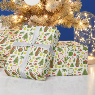Papier Cadeau Tennis Noël avec raquette et balle