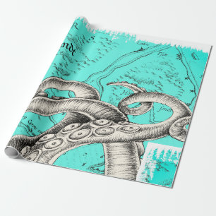 Papier Cadeau Tentacles Octopus Carte Vintage Turquoise Encre