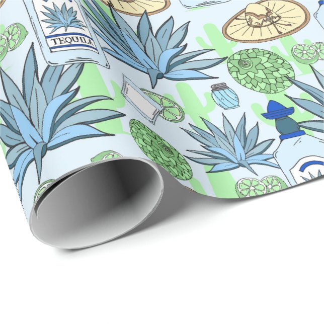 Papier Cadeau Tequila Boire Bleu Agave Cactus Motif (Coin rond)
