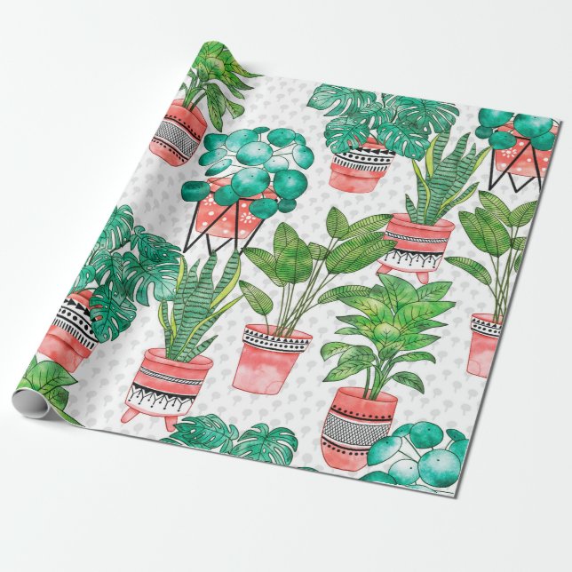 Papier Cadeau Terra cotta Pots Aquarelle Maison Plantes sans cou (Déroulé)