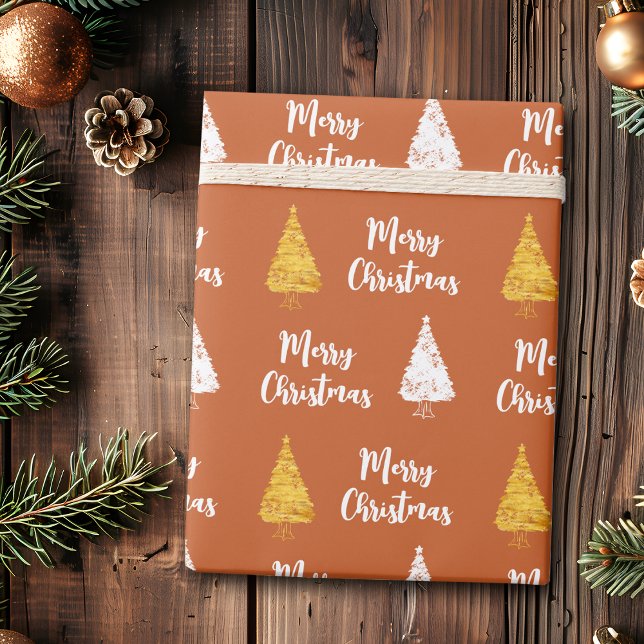 Papier Cadeau Terracota personnalisé Arbre de Noël blanc (Créateur téléchargé)