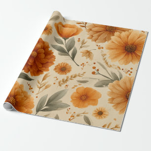 Papier Cadeau Terracotta Orange Floral Botanique Vintage