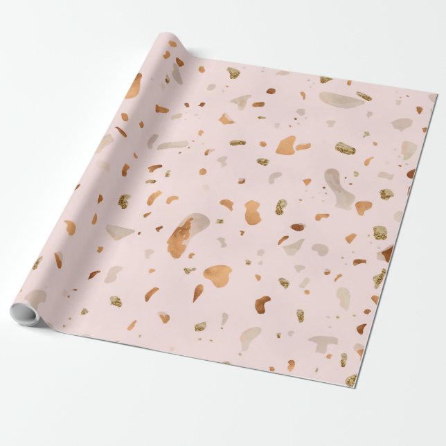 Papier Cadeau Terrazzo Rosée Et Rosée Avec Des Zones En Cuivre O (Déroulé)