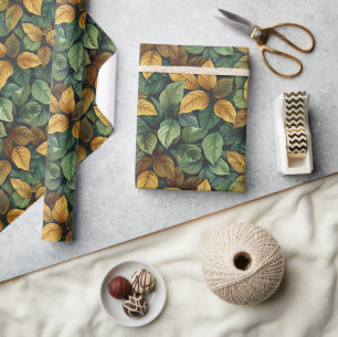 Papier Cadeau Terre cuite d'automne vert jaune orangé feuilles a