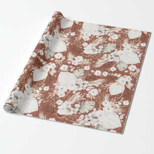 Papier Cadeau Terre cuite et fleurs blanches Boho Elégant Botani