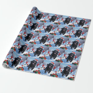 Papier Cadeau Terre-Neuve courant dans la neige avec un chapeau