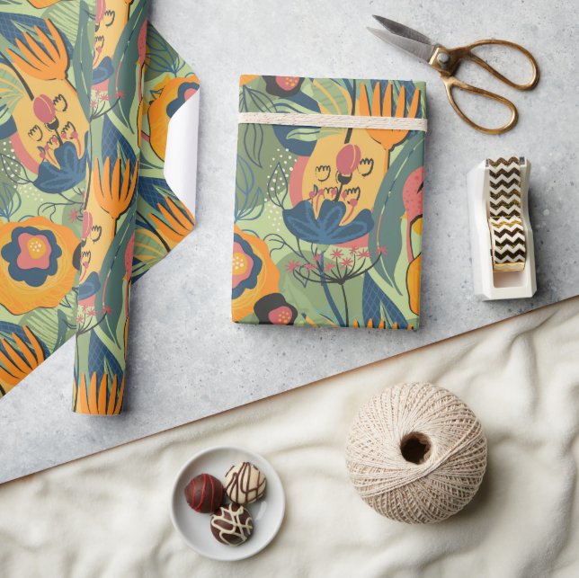Papier Cadeau Terre riche couleurs fleurs exotiques motif (Artisanat)