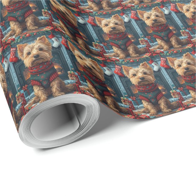 Papier Cadeau Terrier Australien Avec Cheminée Cadeaux De Noël (Coin rond)