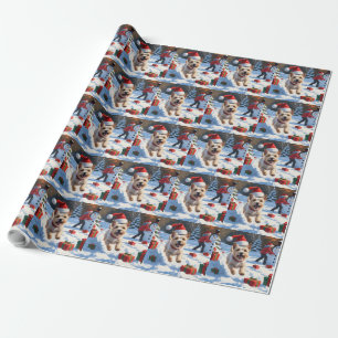 Papier Cadeau Terrier Cairn courant dans la neige avec un chapea