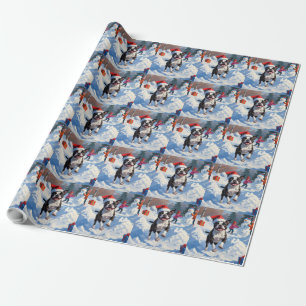 Papier Cadeau Terrier de Boston Scène de neige festive de Noël