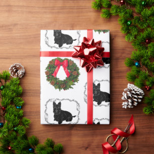 Papier Cadeau Térrier écossais avec couronne de Noël