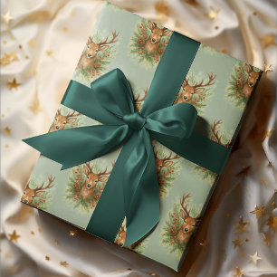 Papier Cadeau Tête de cerf de la forêt rustique avec feuillage d