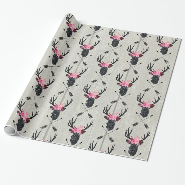 Papier Cadeau Tête de cerf géométrique avec fleurs et flèches cr (Déroulé)