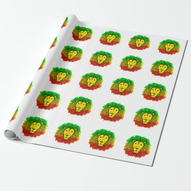 Papier Cadeau Tête de lion Rasta rouge jaune vert dessin Jamaïqu (Déroulé)