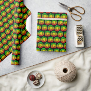 Papier Cadeau Tête de lion rasta rouge jaune vert dessin Jamaïqu