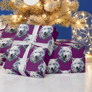 Papier Cadeau Tête de loup blanc motif design violet