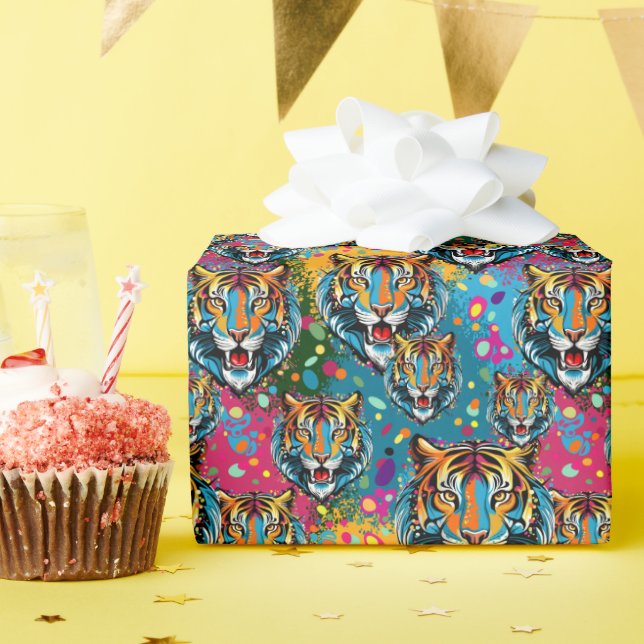 Papier Cadeau Tête de tigre couleurs arc-en-ciel peinture taches (Fête d'anniversaire)