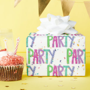 Papier Cadeau Texte de fête et confettis sur fond blanc