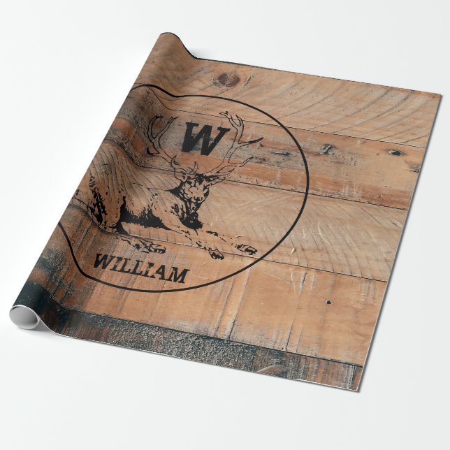 Papier Cadeau Texture en bois rustique et monogramme de cerfs su (Déroulé)