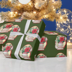 Papier Cadeau Théière à l'ancienne avec Noël poinsettias 