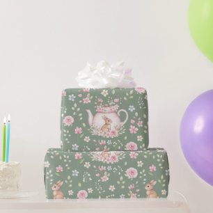 Papier Cadeau Théière Lapin Fantaisiste Motif Floral de Printemp