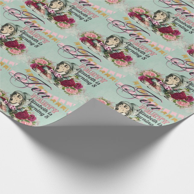 Papier Cadeau Thème Alice au Pays des Merveilles Fête de Thé sur (Coin)