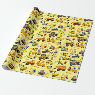 Papier Cadeau Thème Camions de construction et ouvriers du bâtim