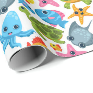 Papier Cadeau Thème de fête avec des animaux mignons de l'océan