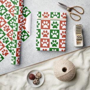 Papier Cadeau Thème de Noël Motif Empreinte de patte rouge et ve