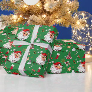 Papier Cadeau Thème de Noël Vert Père Noël vintage