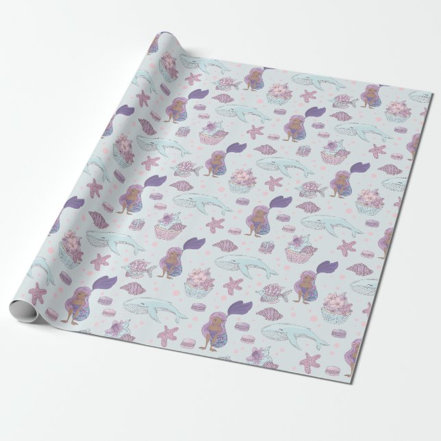 Papier Cadeau Thème de Sirène Noire Anniversaire Pastel Turquois (Déroulé)
