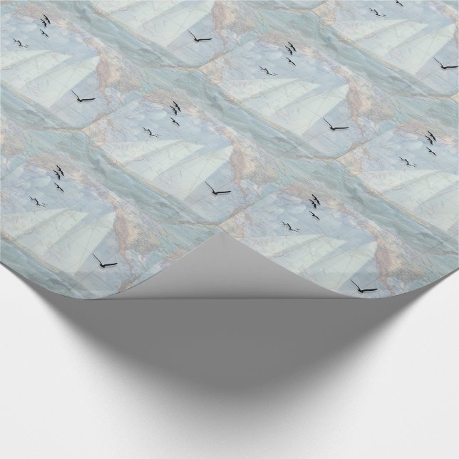 Papier Cadeau Thème nautique avec voilier et carte du Vieux Mond (Coin)
