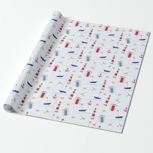 Papier Cadeau Thème nautique Pale Bleu Rouge Jaune Motif